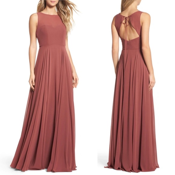 Jenny Yoo Elizabeth Sleeveless Sweetheart Neck Chiffon Maxi Gown Cinnamon Pink - Picture 16 of 16